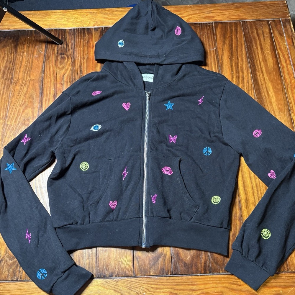 Lauren Moshi Black Elements Full Zip Hoodie Lips Butterfly Star Hearts S A3039